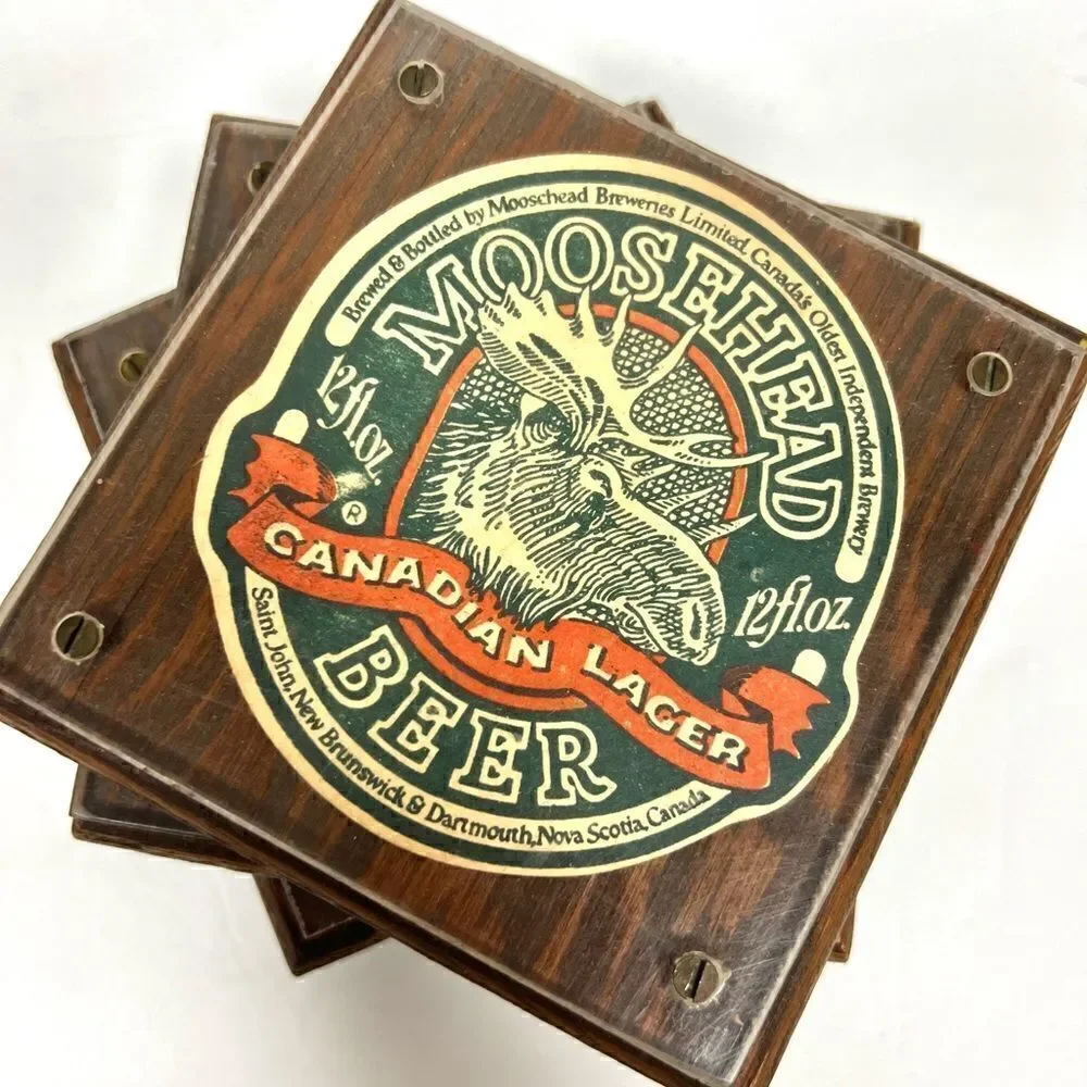 Wood drink coasters Moosehead Canadian lager beer set of 5